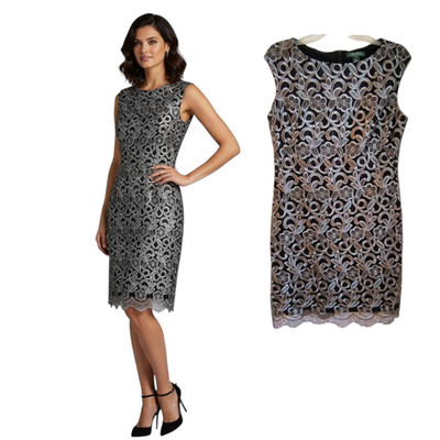 Lauren Ralph Lauren Dress Women's Size 12 Black Silver Metallic Lace Sleeveless