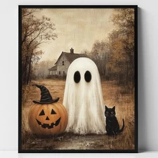 Cute Ghost and Black Cat Printable Halloween Wall Art, Ghost and Black Cat Print