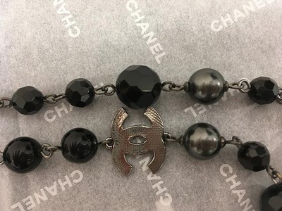 Auth CHANEL Long Necklace Pearl CC Logo 09V Black Silver | eBay