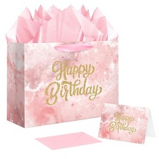 XiaosRen 12.6" Large Pink Happy Birthday Gift Bag with Card and Tissue Papers...