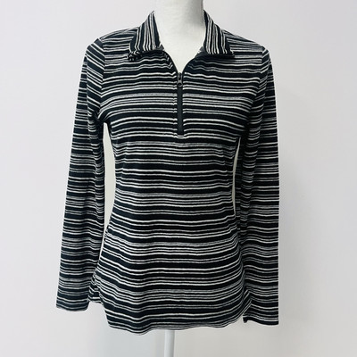 Black/ White Striped Velour Long Sleeve Mock Neck Zip Up By Eddie Bauer Small