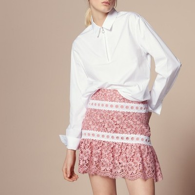 Sandro Paris Women Lace skirt finished with braid trim size 1 Pink Skirt