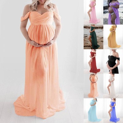 Schulterfreies Maxikleid für Schwangere Frauen Umstandsmode Fotoshooting Fotografie Kleid