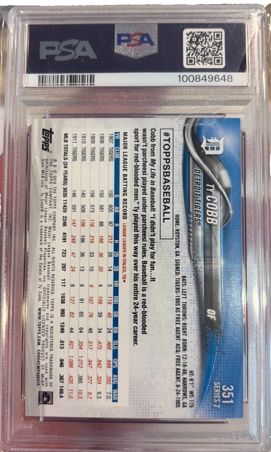 Ty Cobb 2018 Topps #351 SP Variation PSA 10 view 2