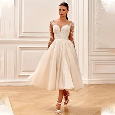 Sheer Illusion Full Sleeves Sweetheatr Tea Length Wedding Dresses Side Slit