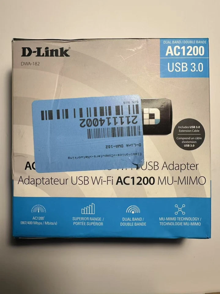 D-Link DWA-182 AC1200 Dual Band USB 3.0 Wi-Fi Adapter MU-MIMO –Open Box–Complete Foto 2 de 4