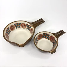 2 Norge Figgjo Flameware Pans Bowls Spout MCM Astrid Pattern Floral Norway VTG