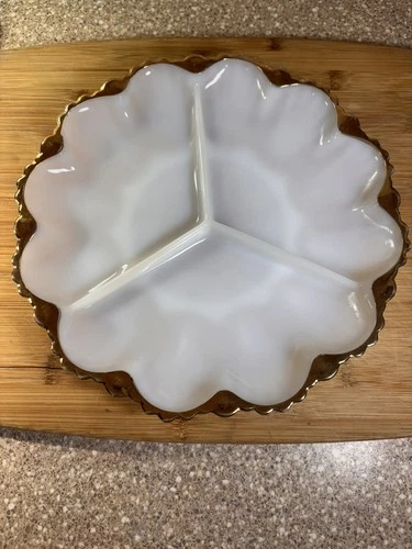 Anchor Hocking Divided Plate Dish Serving White Glass Gold Trim 10” set of 2
