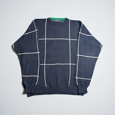 Nautica Vintage 90s Grid Knit Oversize Sweater Preppy Crewneck Blue Size L XL