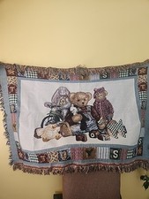 Blue Jean Teddy Bear Blanket Tapestry Afghan Baby Vintage Welcome to World Rare