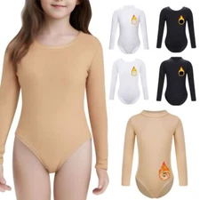 Girls Fleece Lined Bodysuit Gymnastics Ballet Dance Training Warm-up Long Sleeve