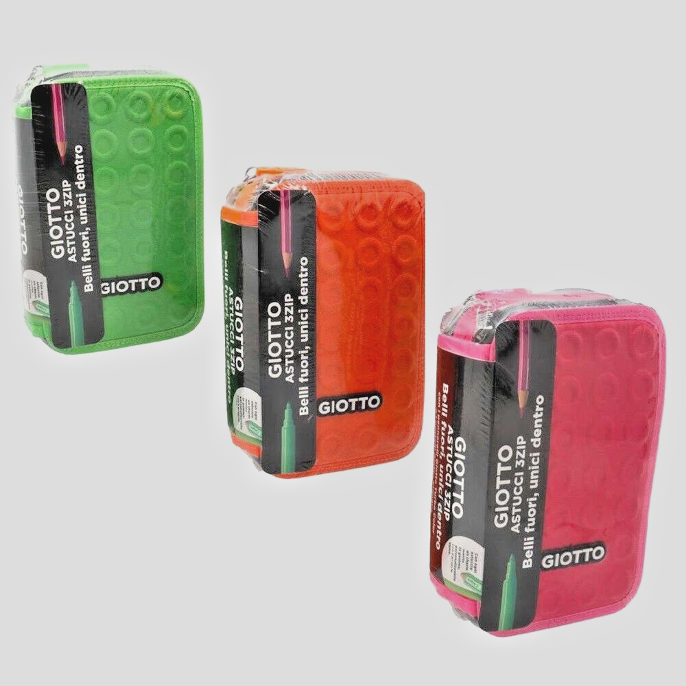 Astuccio Giotto Stilnovo 3 Zip Giallo - Kit Scuola Completo Con Penne, Pennarelli E Pastelli