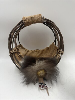 Southwestern Native American Hand Woven SUN SPIRIT BASKET Fur Feathers Bark Bead