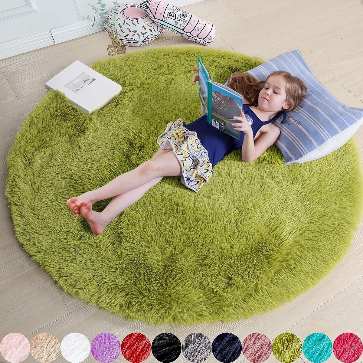 Fluffy Grass Green 5X5 Feet Rug Non Slip Rubber Backing Perfect