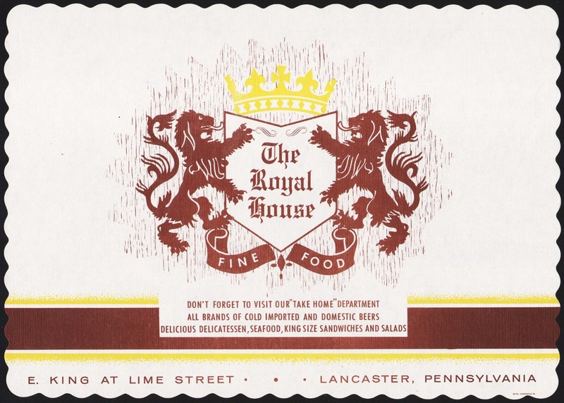 Vintage placemat THE ROYAL HOUSE restaurant lion crest Lancaster Pennsylvania