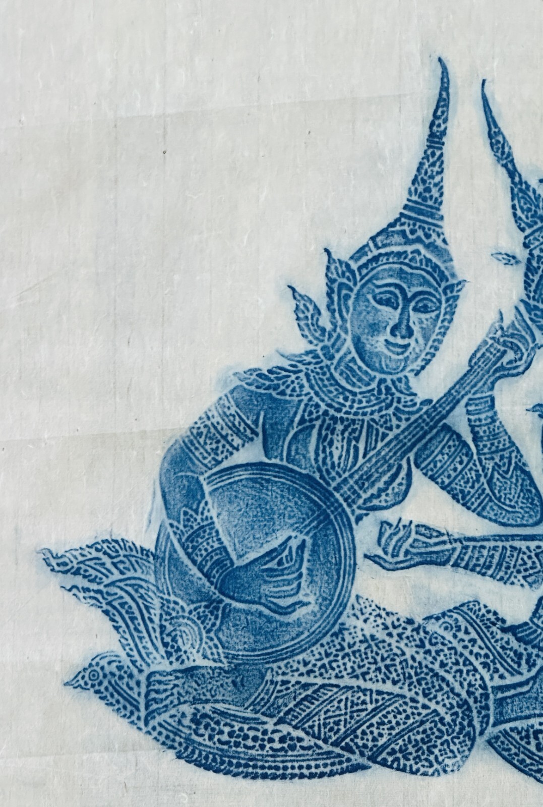 THAI RICE PAPER TEMPLE RUBBING BLUE CELESTIAL MUSICIANS ANTIQUE 1900s VTG