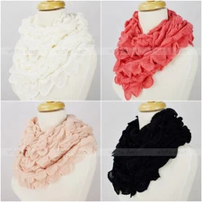Solid Color Knit Infinity Winter Scarf Elastic Warm Bubble Fringe Circle Loop