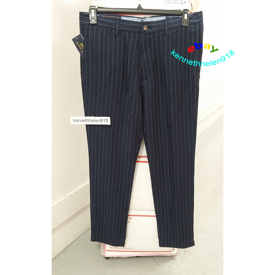 POLO RALPH LAUREN SIMPLE STRIPE SLIM FIT LINEN PANTS NAVY