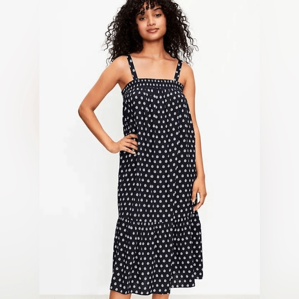 NWOT LOFT Navy Ocean Shell Smocked Pockets Ruffle Midi Tank Dress | eBay