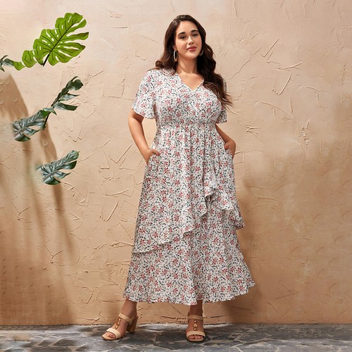 Plus Size Boho Women V-Neck Ruffle Floral Short Sleeve Midi Dress Party Dresses - Zdjęcie 22 z 22