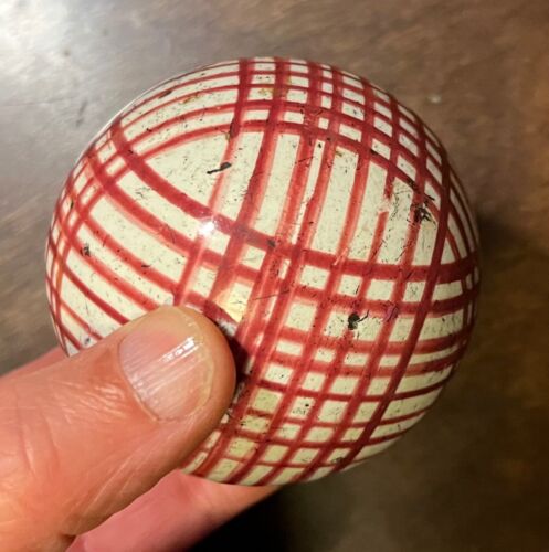 Antique 19th c. English Victorian Pottery Carpet Ball Red Criss Cross Stripe - Picture 3 of 12