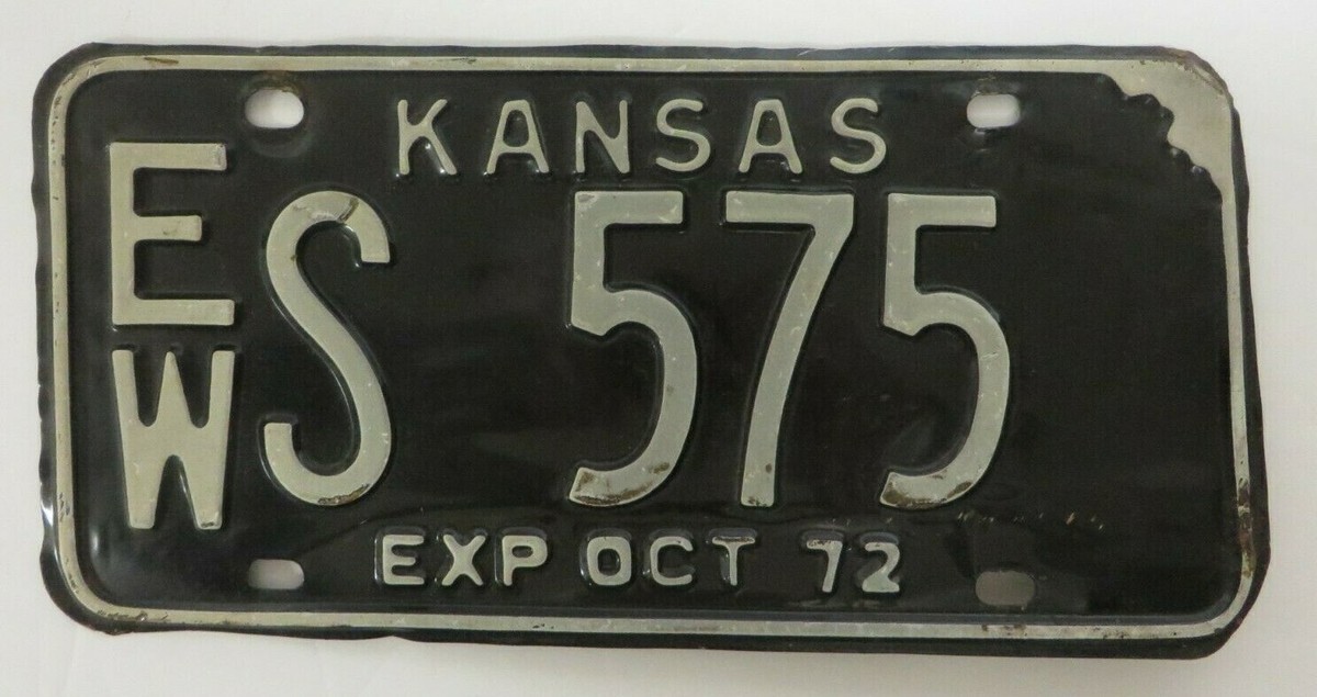 Vintage 1972 KANSAS License Plate Tag EW S 575 Black ELLSWORTH