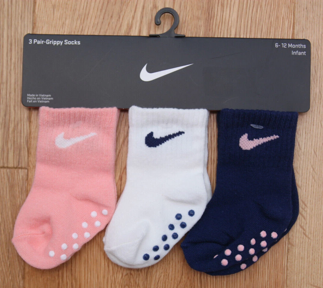 Nike Baby Girl 3 Pair Grippy Ankle Socks Pink White Navy Blue 6 12M