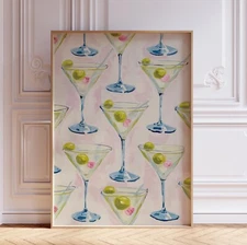 Watercolor Pink Dirty Martini Cocktail Girly Kitchen Bar Wall Art Print Poster