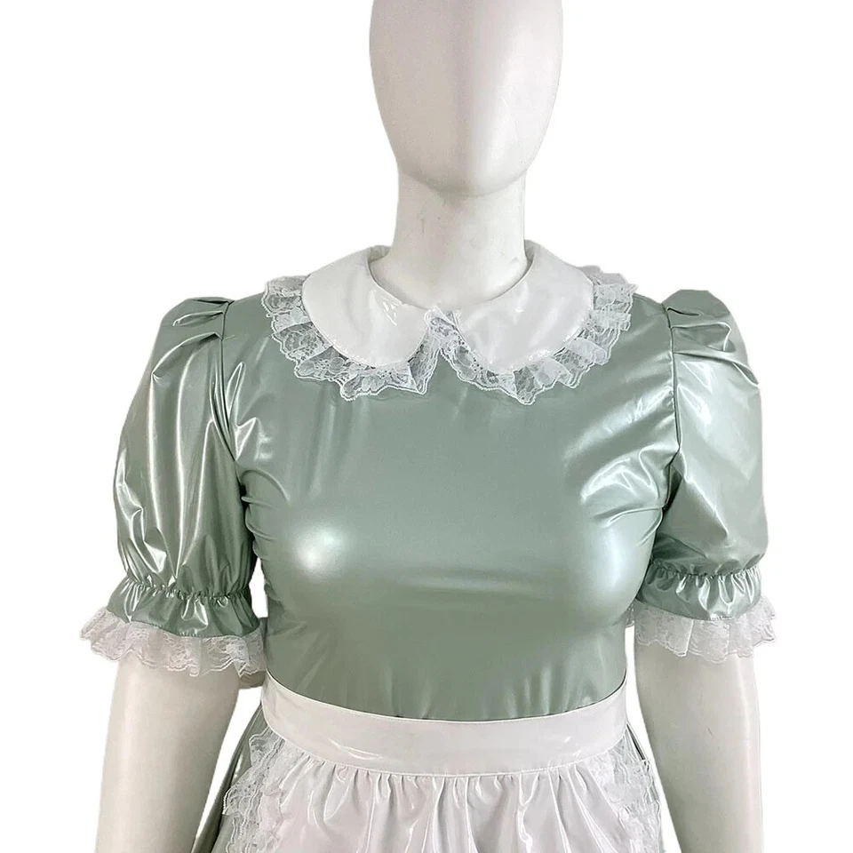 Maid Lolita Pleated Mini PVC Dress Sets Sissy Cosplay Maid Costume with Apron - Image 3 of 4