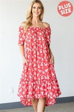 Coral Pink Floral Plus Size Maxi Dress 1XL Cold Shoulder High Low