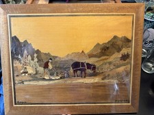 Vintage Wooden Marquetry Inlaid Art Wall Hanging Picture Signed 17.75 x 14.25