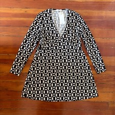 NWT 70s Vibes Geometric Long Sleeve Deep V Mini Dress Mango MEDIUM