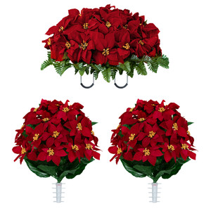 Artificial Cemetery Flowers - Red Poinsettia Saddle and 2 Bouquets