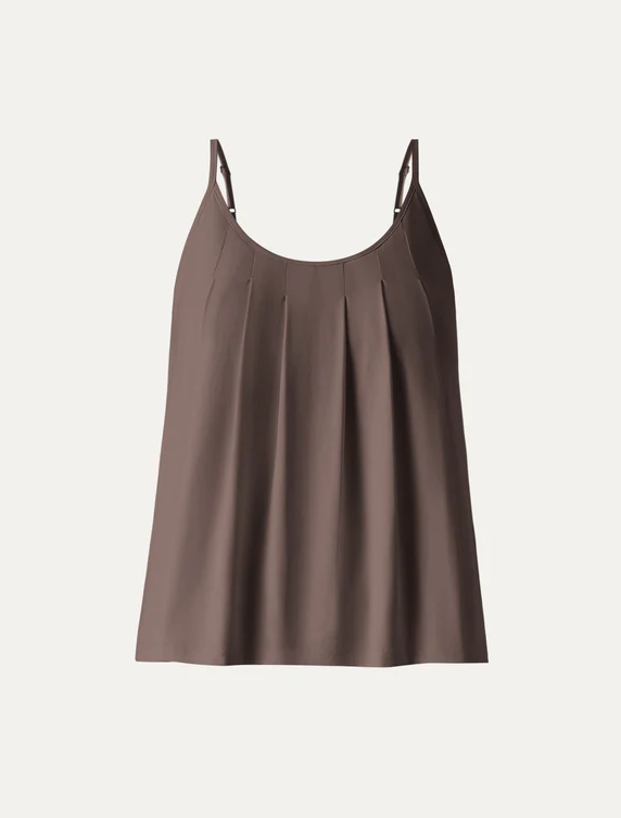 OGL U-Neck Pleated Spaghetti Bra Tank, Chocolate Brown