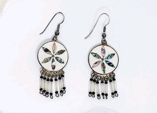 Vintage Alpaca Mexico Enameled Abalone Nickel Silver Dangle Drop Earrings