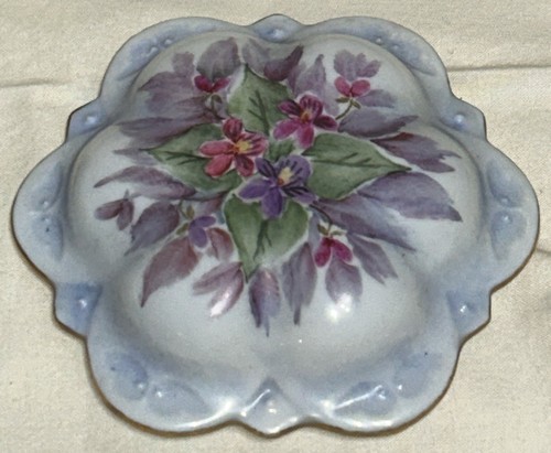 Vintage Hand Painted Pink & Purple Floral Trinket Dish With Lid 3” T By 5.5” W - Picture 15 of 24
