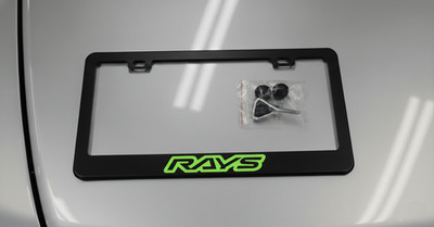Lime Green Rays Volk Racing Wheels License Plate Frame Smooth Black Metal