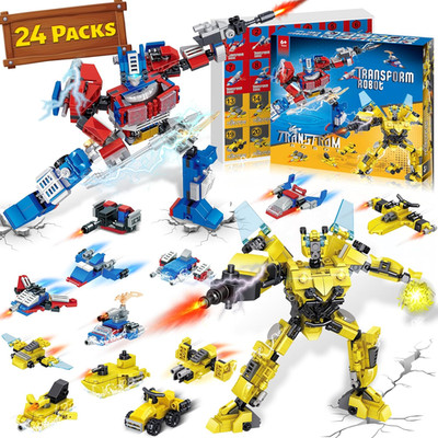 24 Packs Valentines Day Gifts for Kids - Transform Robot Building Blocks, 12-...
