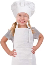 Kids Apron and Chef Hat Set, Adjustable Cotton Child Aprons with Large Pocket Wh