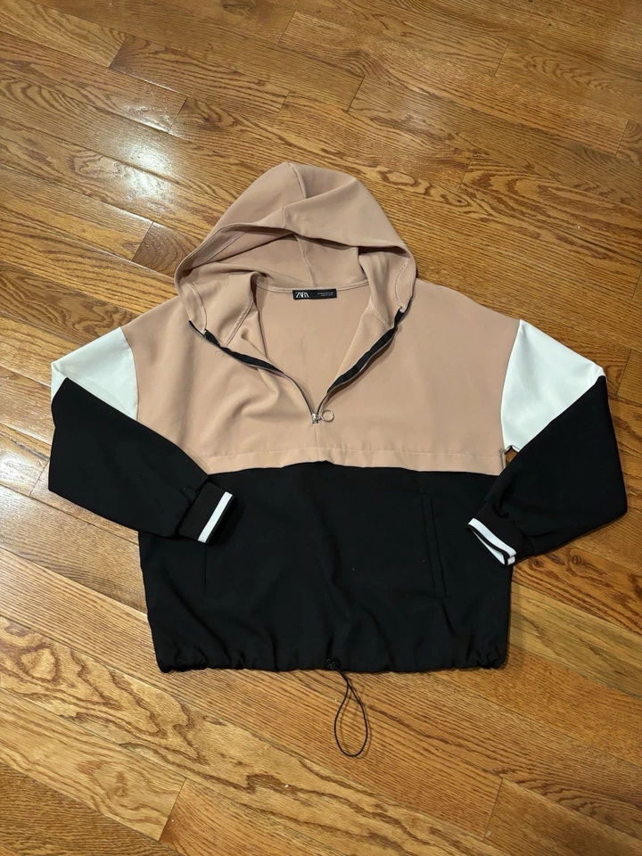 Пуловер с капюшоном ZARA Color Block Quarter на молнии персиковый и черный РАЗМЕР M - Изображение 2 из 4