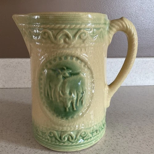 A E Hull Salt-Glazed Stoneware “Grazing Cow” Pitcher - Yelloware w/ Green 7”h