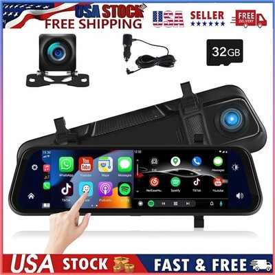 9.66'' Dash Cam Rearview Mirror Monitor Wireless CarPlay Dual Front Rear Camera
