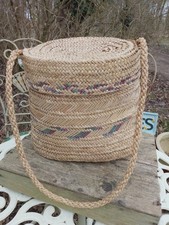 Vintage Hand Made Woven Wicker Chinese Basket With Attached Lid Long Handle