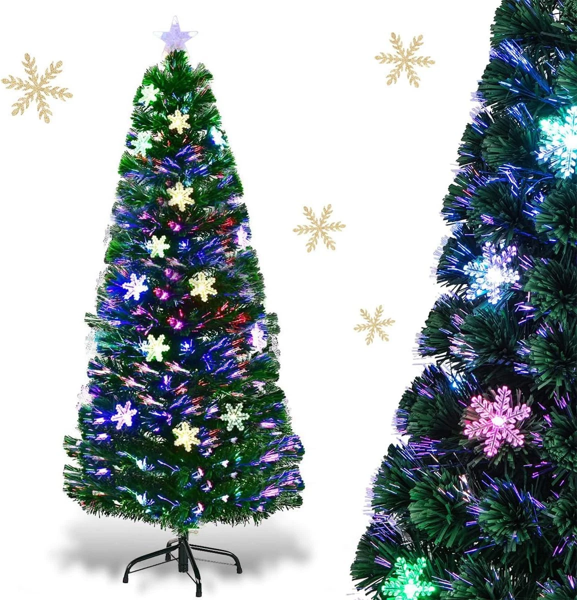 Albero Di Natale Luminoso In Fibra Ottica Verde E Multicolore, 45 Cm, Con Vaso