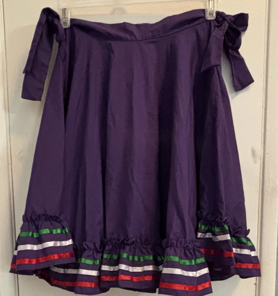 Beautiful Purple Mexican Skirt Red White and Green Ribbon Accent Ruffle Preowned - Image 2 of 4