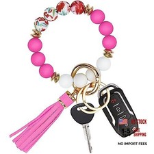 Key Ring Bracelet Car Keychain Holder Wristlet Silicone Beaded Bangle Rose