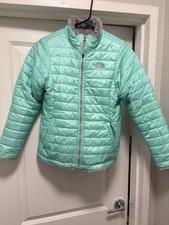 The North Face Girls Reversible Mint Green Gray Fleece Puffer Jacket L 14/16