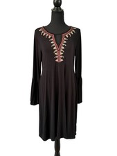 Spense Black Boho Embroidered Dress Midi Long Sleeve SZ Medium