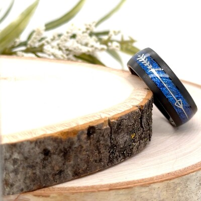 Christmas Ring For Her Blue Meteorite & Feathered Arrow Band 8mm Black Tungsten