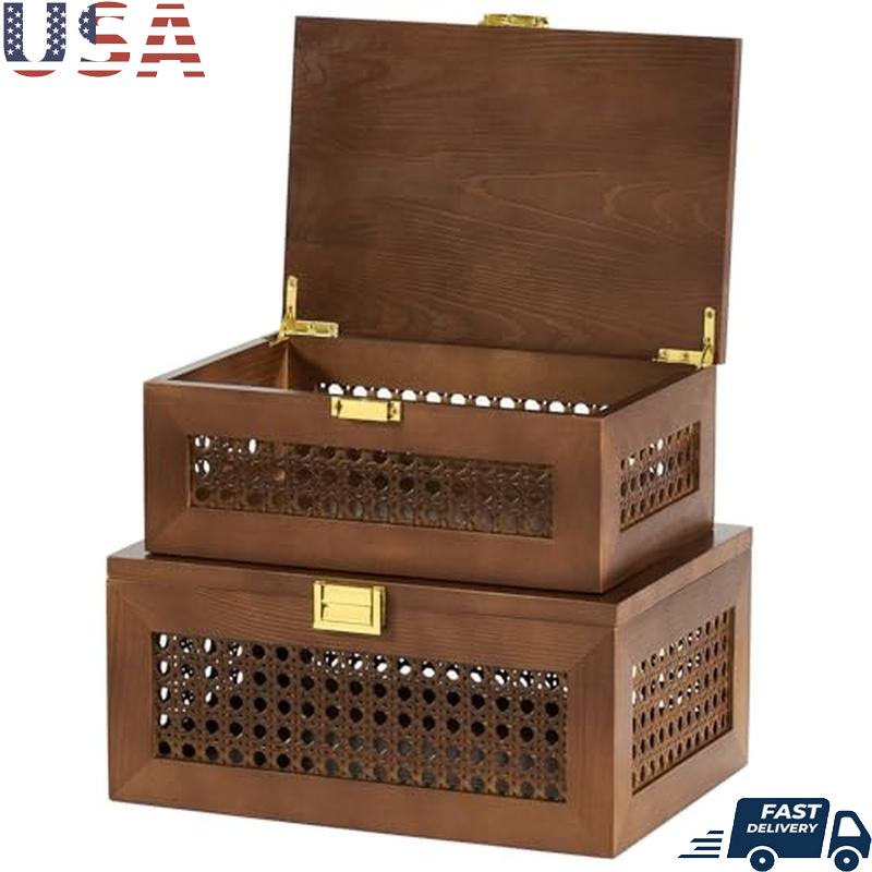 2PCS Rattan Storage Baskets Wooden Box Organizer Keepsake Jewelry Decorative New